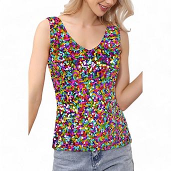 Women' s Sleeveless Sequin Fashion Tank Top V-Neck Sparkly Party Shirt