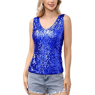 Women's Sleeveless Sequin Tank Top V-Neck Sparkly Party Shirt