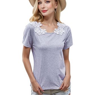 Women's Round Neck Short SLeeve Floral Crochet Detail Layering T-Shirt