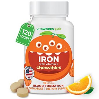VitaWorks® Kids Iron 10 mg with Vitamin C 50 mg Chewable Tablets - Iron Levels - 120 Count