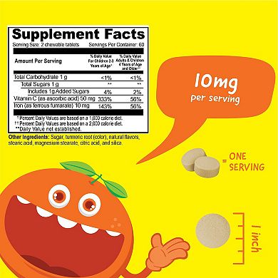 VitaWorks® Kids Iron 10 mg with Vitamin C 50 mg Chewable Tablets - Iron Levels - 120 Count