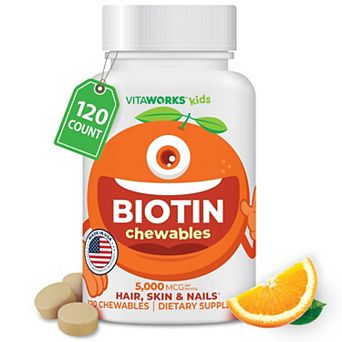 VitaWorks® Kids Biotin 5,000 mcg Chewable Tablets - Hair Skin And Nails Vitamin - 120 Count