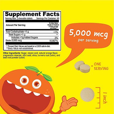 VitaWorks® Kids Biotin 5,000 mcg Chewable Tablets - Hair Skin And Nails Vitamin - 120 Count
