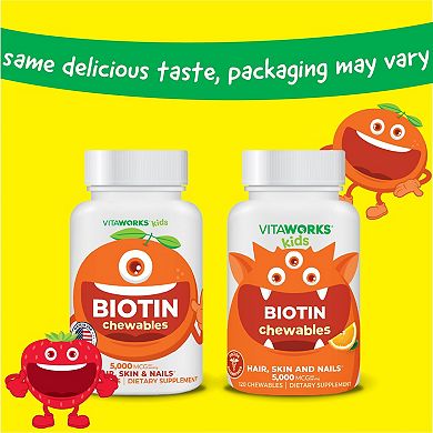 VitaWorks® Kids Biotin 5,000 mcg Chewable Tablets - Hair Skin And Nails Vitamin - 120 Count