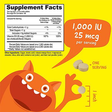 VitaWorks® Kids Vitamin D 1,000 IU Chewable Tablets - Bone Health And Immune - 120 Chewables
