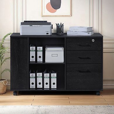 3-Drawer 39in. W Rolling Lateral File Cabinet with Locker and Open Storage Shelves for Home Office