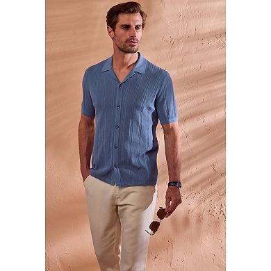 Men's Cubavera Short Sleeve Mesh Stripe Button Up Collared Sweater