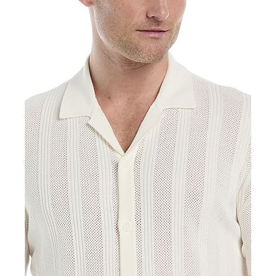Men's Cubavera Short Sleeve Mesh Stripe Button Up Collared Sweater