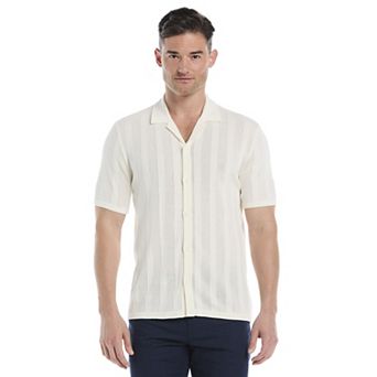 Men's Cubavera Short Sleeve Mesh Stripe Button Up Collared Sweater