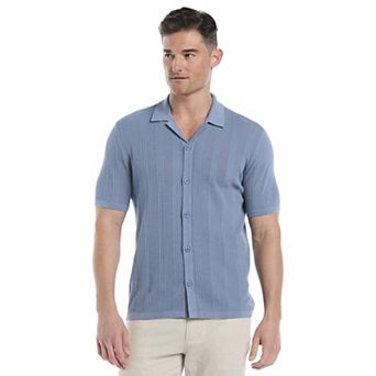 Men's Cubavera Short Sleeve Mesh Stripe Button Up Collared Sweater