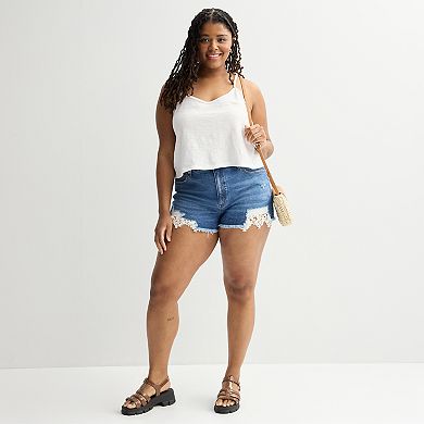 Juniors' Plus Size SO® High-Rise Crochet Jean Shorts