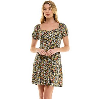 Juniors' Lily Rose Square Neck Puff Short Sleeve Mini Dress