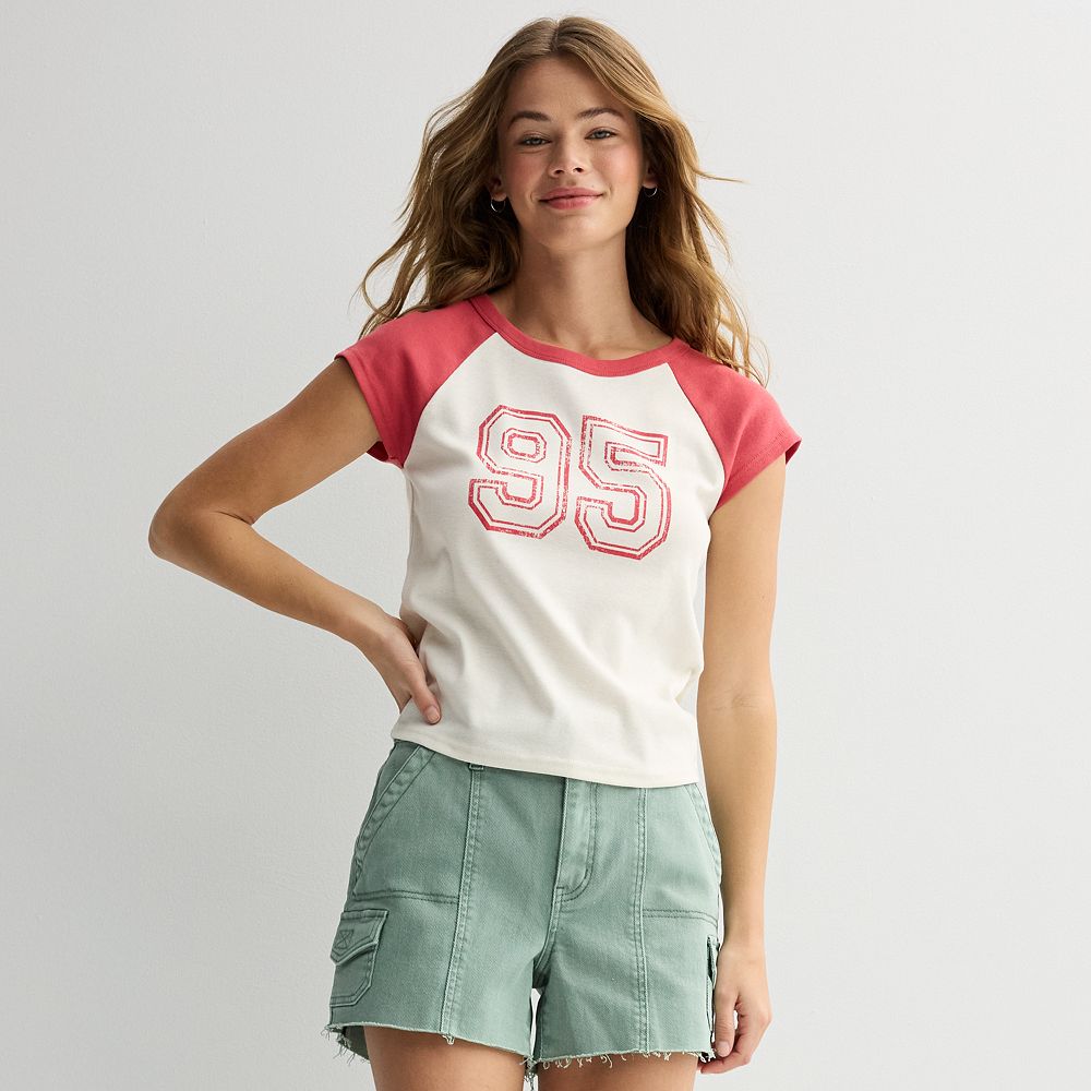 Juniors' Pink Rose Raglan Graphic Tee