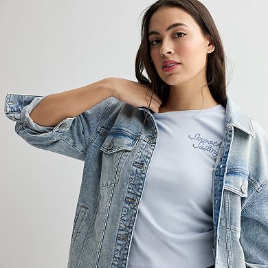 Juniors' Pink Rose Embroidered Crewneck T-Shirt