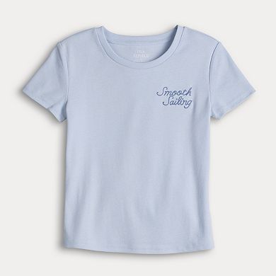 Juniors' Pink Rose Embroidered Crewneck T-Shirt