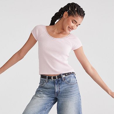 Juniors' Aeropostale Lace Trim V-Neck Shrunken Tee