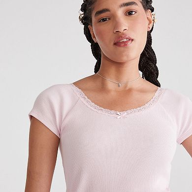 Juniors' Aeropostale Lace Trim V-Neck Shrunken Tee