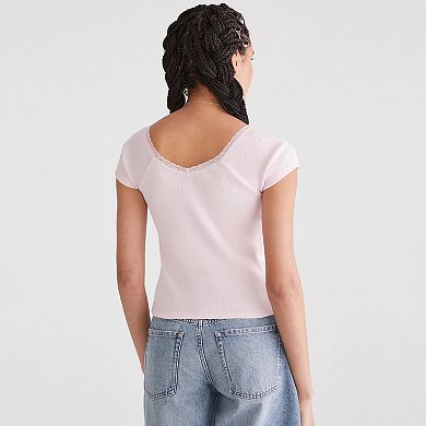 Juniors' Aeropostale Lace Trim V-Neck Shrunken Tee