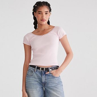 Juniors' Aeropostale Lace Trim V-Neck Shrunken Tee