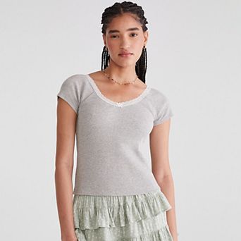Juniors' Aeropostale Lace Trim V-Neck Shrunken Tee