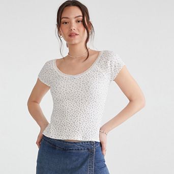 Juniors' Aeropostale Print Lace Trim V-Neck Short Sleeve Tee