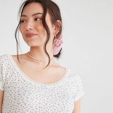 Juniors' Aeropostale Print Lace Trim V-Neck Short Sleeve Tee