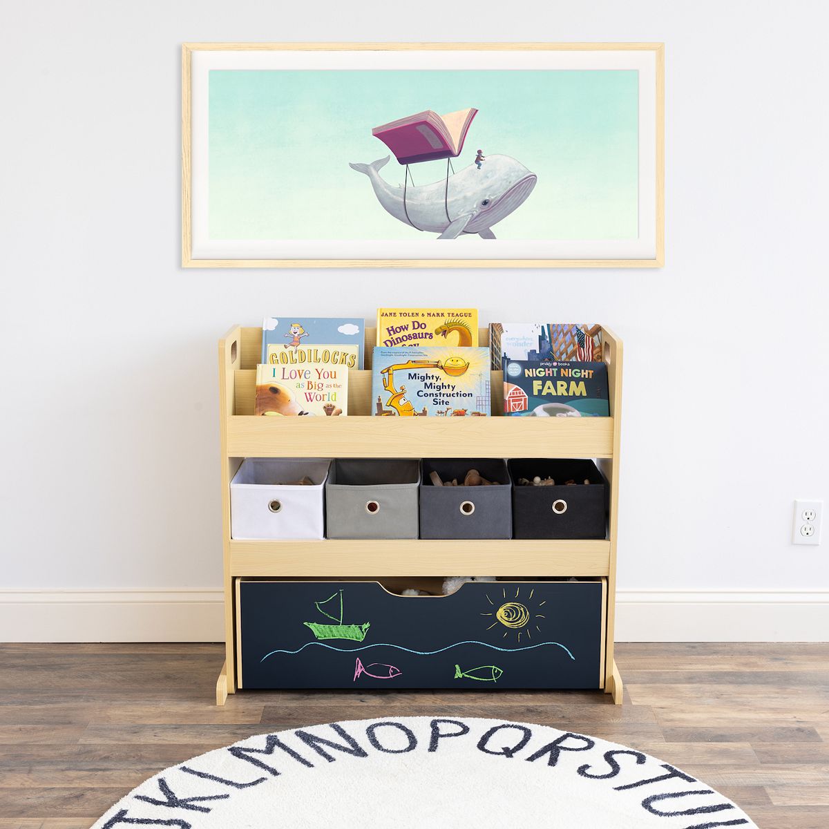 Kids room view of Humble Crew 3-in-1 storage cabinet with fabric bins and chalkboard drawer front
