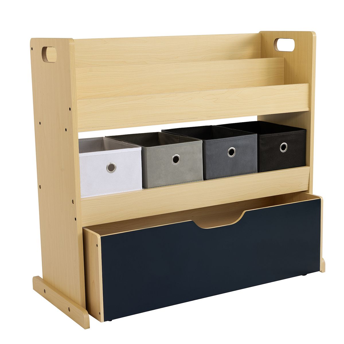 3-in-1 storage cabinet with four front fabric bins and large navy drawer