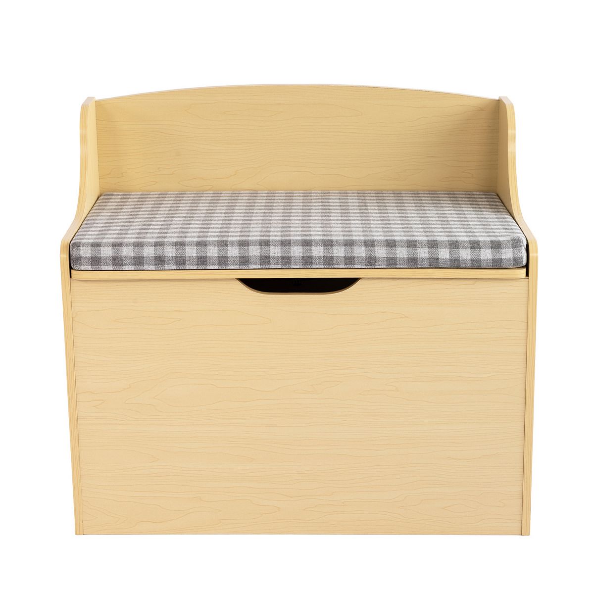 Humble Crew hinged toy storage bench with gray plaid cushion