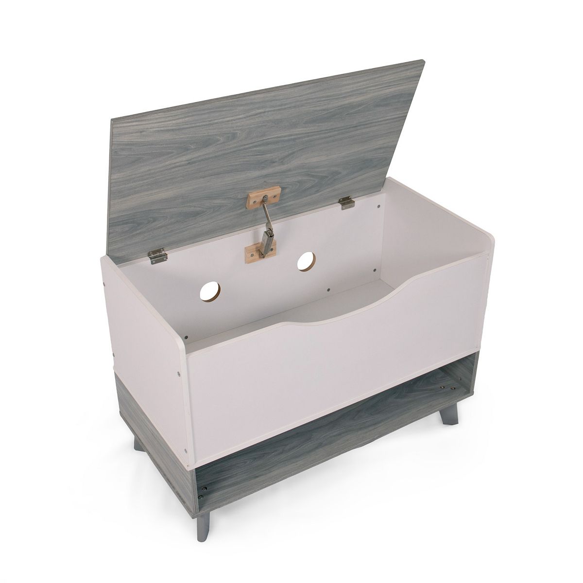 Humble Crew toy box open showing lift hardware and interior