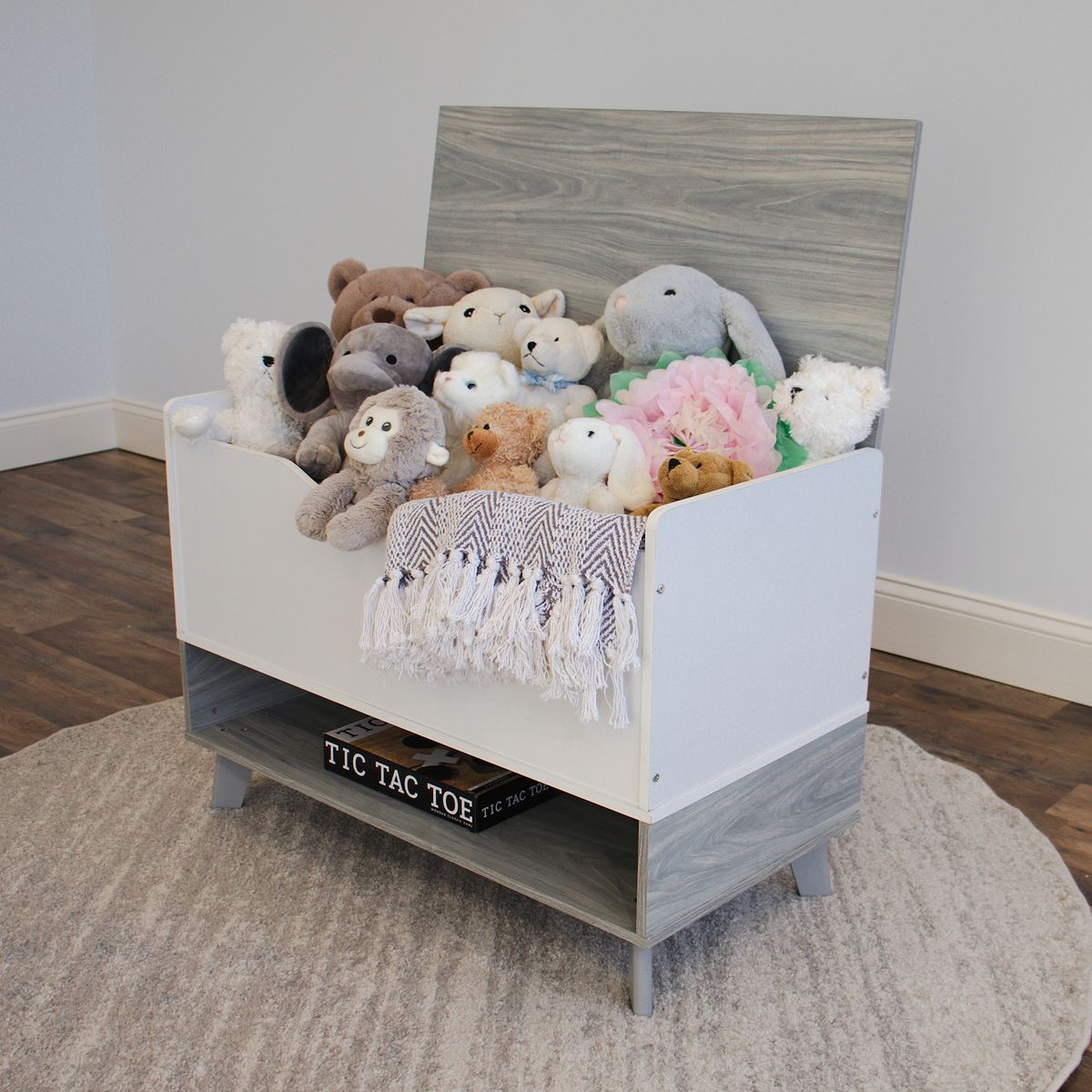 Humble Crew modern toy box packed with plush toys