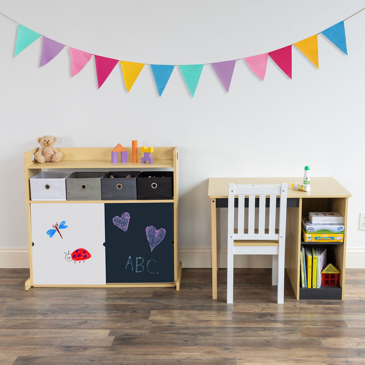Toddler desk and chair set with shelves and chalkboard panel shown together