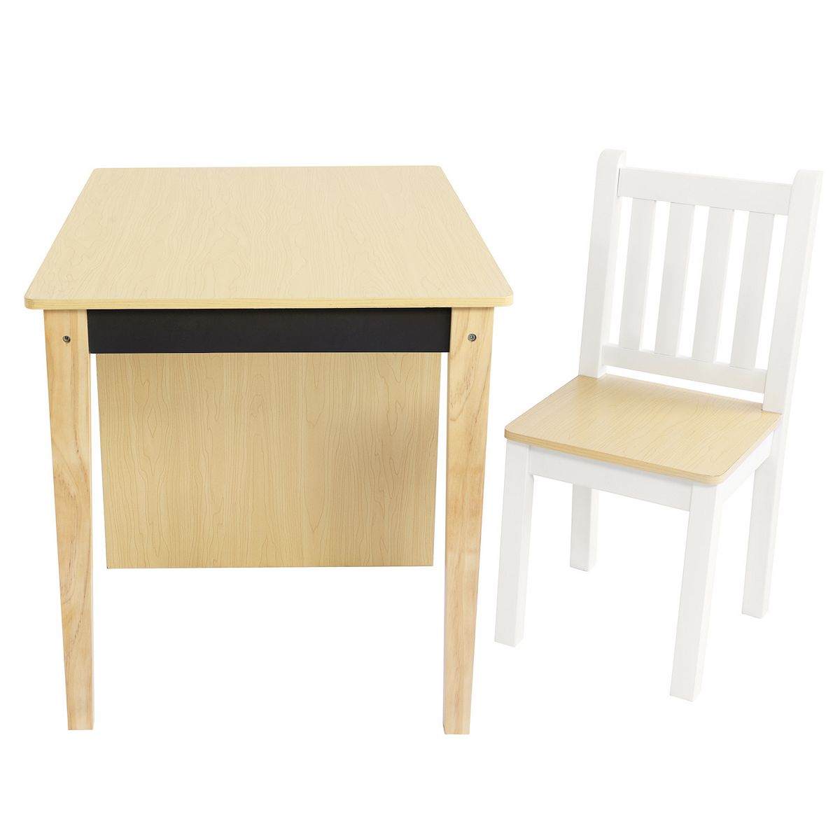 Light wood toddler desk with open front panel and matching white chair