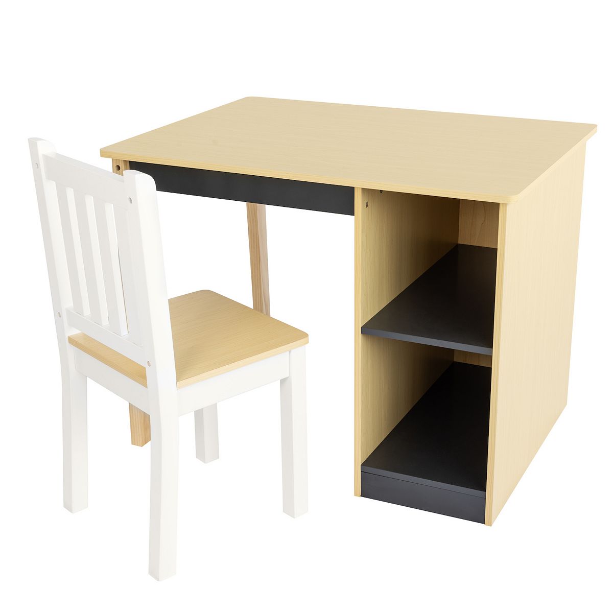 Toddler desk with open shelving and matching white chair in light wood and white
