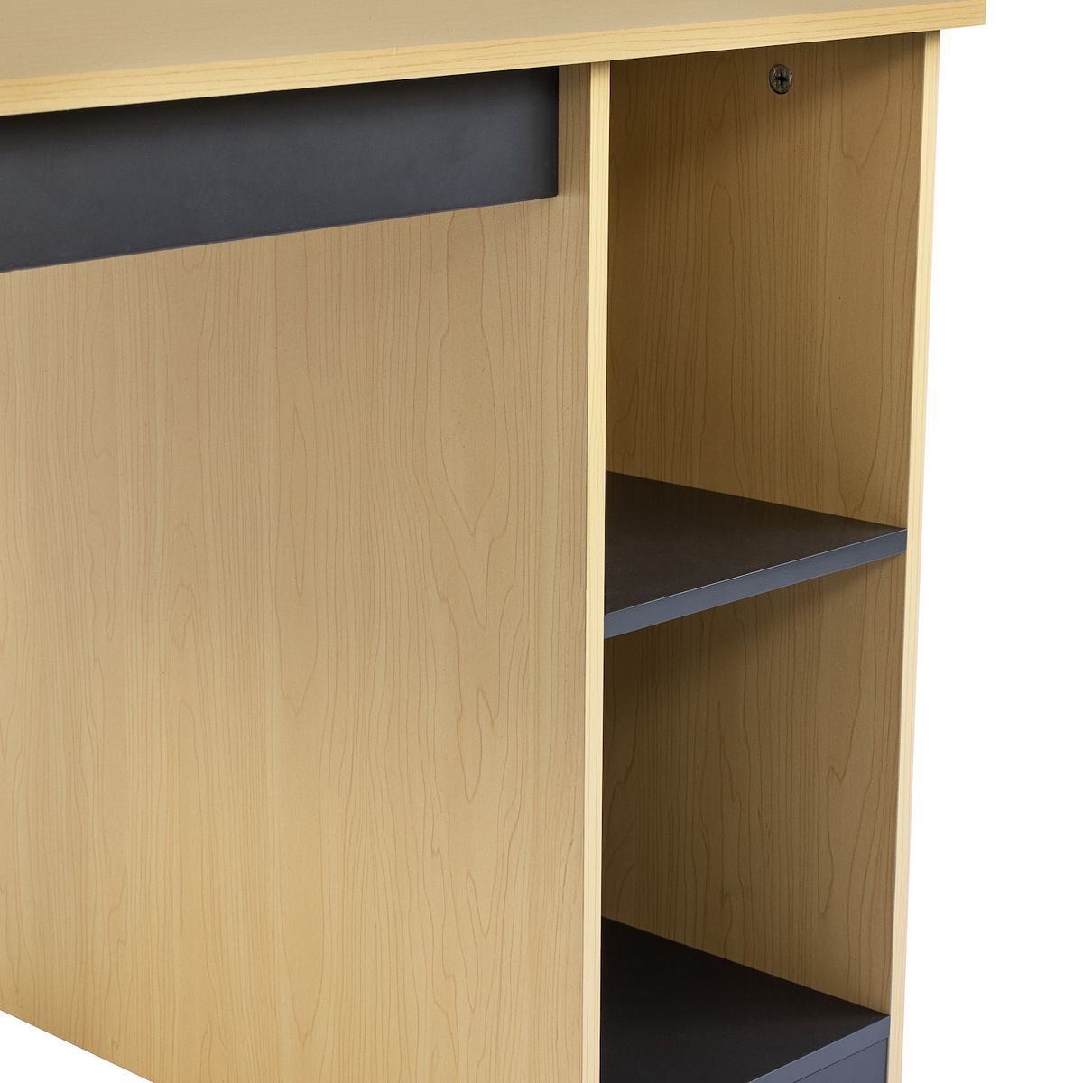 Close-up of toddler desk side panel with open shelves and dark gray interior