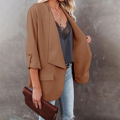 Womens Casual Blazer Jackets Roll Up Long Sleeve Open Front Work Office Business Blazers with Pocket
