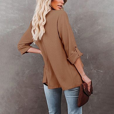 Womens Casual Blazer Jackets Roll Up Long Sleeve Open Front Work Office Business Blazers with Pocket