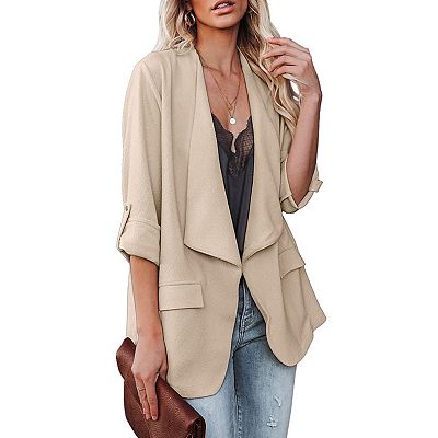 Womens Casual Blazer Jackets Roll Up Long Sleeve Open Front Work Office  Business Blazers with Pocket