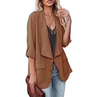 Womens Casual Blazer Jackets Roll Up Long Sleeve Open Front Work Office Business Blazers with Pocket