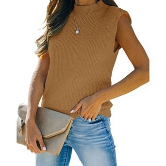 Women's Mock Neck Knit Sweater Vest Sleeveless Casual Trendy Summer Ribbed Pullover Tank Tops