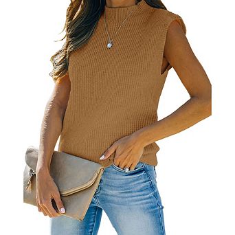 Women's Mock Neck Knit Sweater Vest Sleeveless Casual Trendy Summer Ribbed Pullover Tank Tops