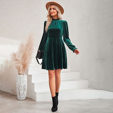 Women's Velvet Dress Elastic Waistline Fall Long Sleeve Wedding Guest Short Wrap Tunic Formal Dress