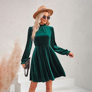 Women's Velvet Dress Elastic Waistline Fall Long Sleeve Wedding Guest Short Wrap Tunic Formal Dress