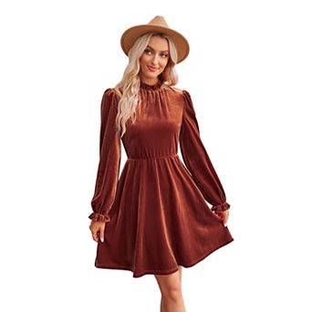 Women's Velvet Dress Elastic Waistline Fall Long Sleeve Wedding Guest Short Wrap Tunic Formal Dress