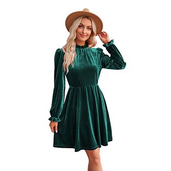Women's Velvet Dress Elastic Waistline Fall Long Sleeve Wedding Guest Short Wrap Tunic Formal Dress
