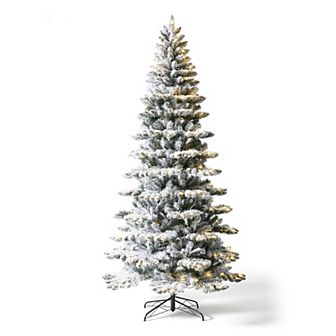 Glitzhome 9ft Pre-lit Flocked Spruce Artificial Christmas Tree With 460 Warm White Lights, 3 Modes