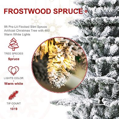 Glitzhome 9ft Pre-lit Flocked Spruce Artificial Christmas Tree With 460 Warm White Lights, 3 Modes