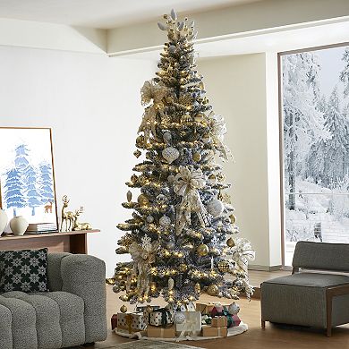 Glitzhome 9ft Pre-lit Flocked Spruce Artificial Christmas Tree With 460 Warm White Lights, 3 Modes