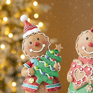 Glitzhome Set of 2 Gingerbread Table Decor, 9.75"h Resin Christmas Tabletop Decor