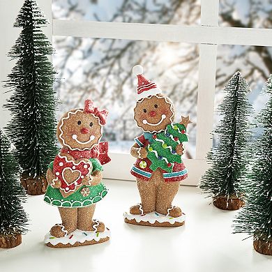 Glitzhome Set of 2 Gingerbread Table Decor, 9.75"h Resin Christmas Tabletop Decor